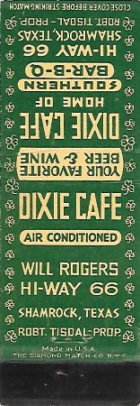 Dixie Cafe in Shamrock Matchcover