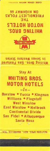 Whiting Brothers Motels Matchcover