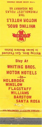 Whiting Brothers Motels Matchcover