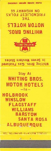 Whiting Brothers Motels Matchcover