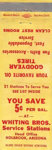 Whiting Brothers Gasoline Matchcover
